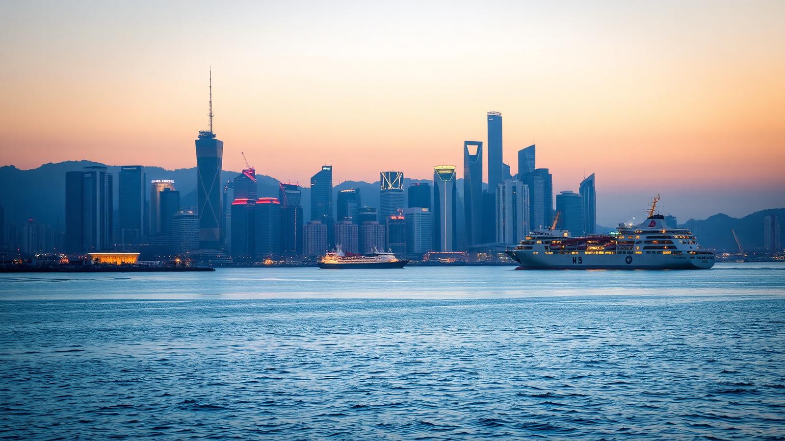 Illustrative image of an East Asian harbour city skyline seen from the water at dusk