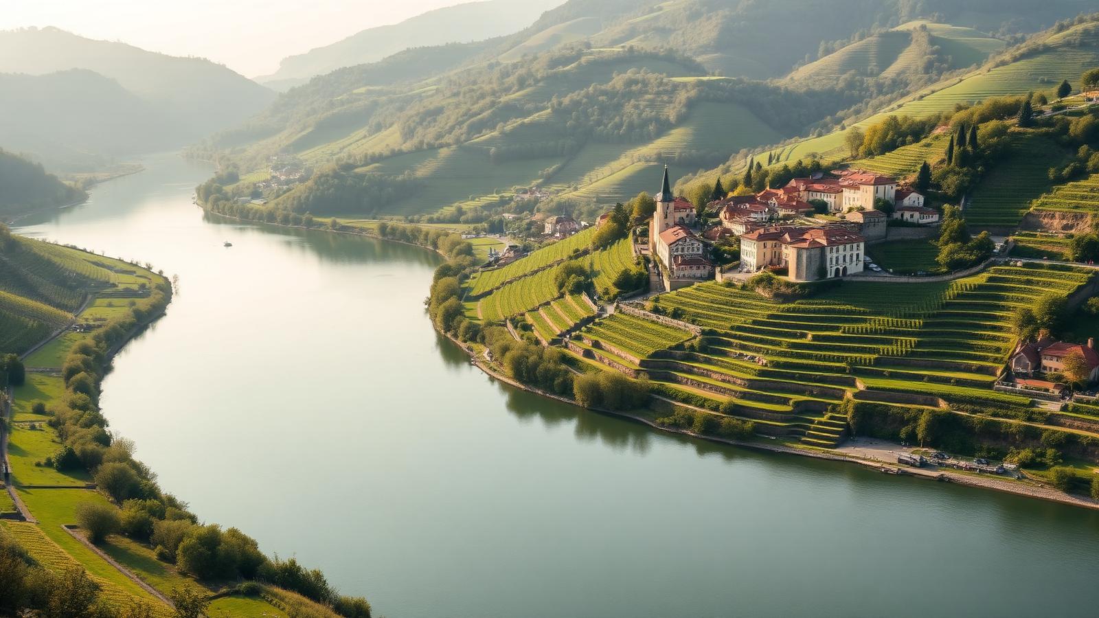 Illustrative AI-generated scene of a wide river curving through a green valley with terraced vineyards and a small riverside town