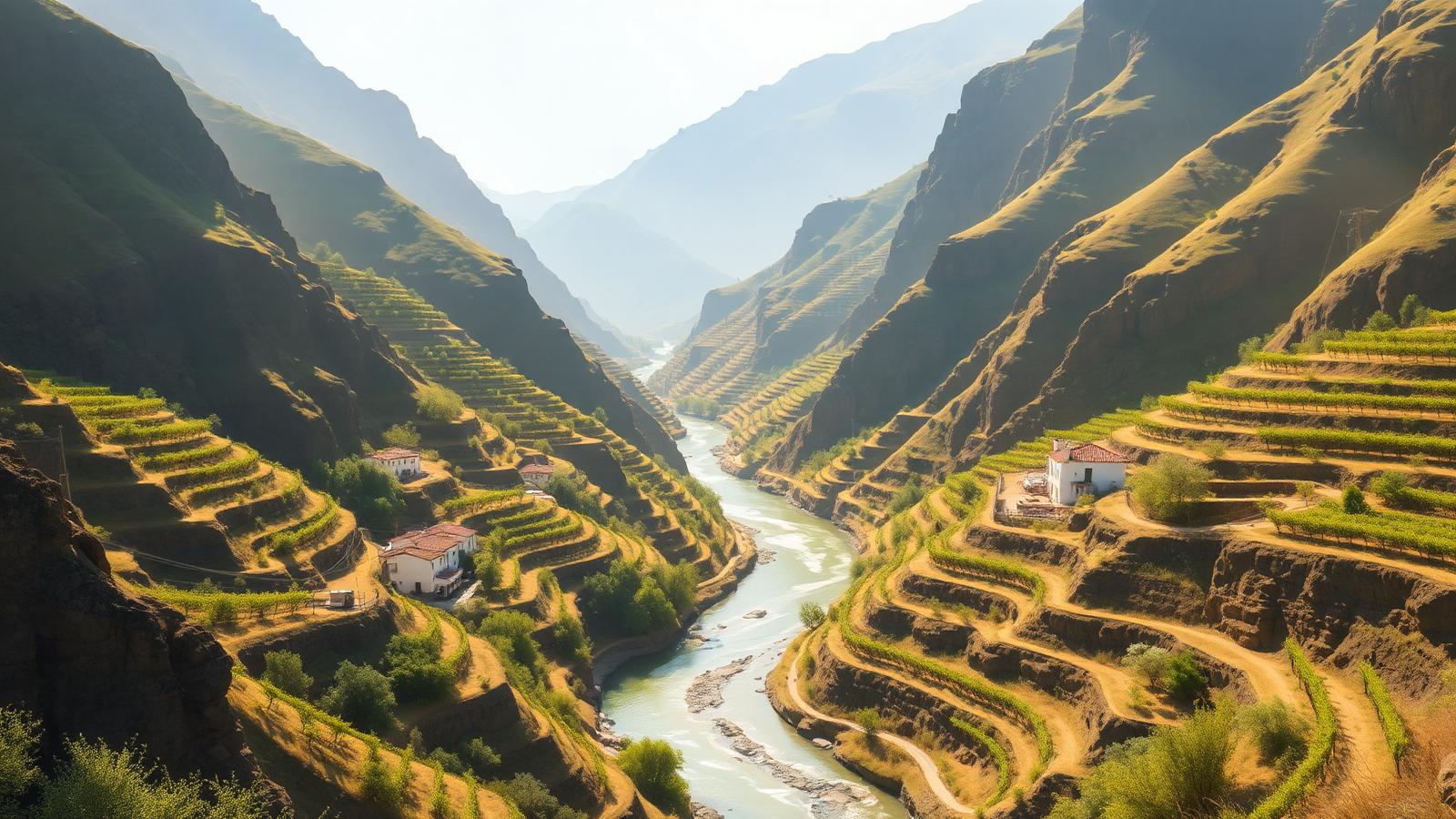 Illustrative AI-generated scene of a narrow river between steep terraced vineyard slopes in warm afternoon light