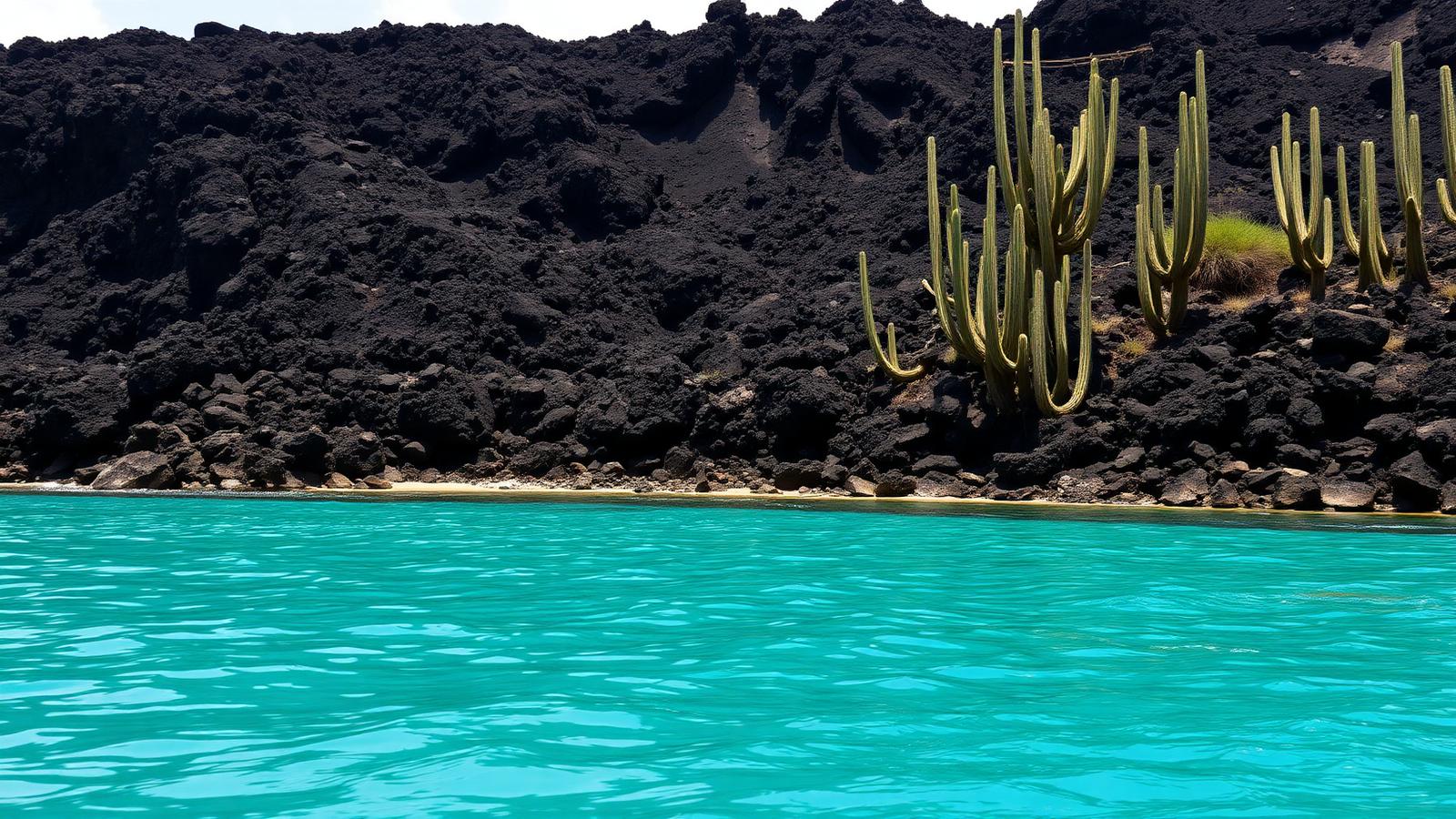 Illustrative AI-generated scene of a volcanic equatorial coastline with dark lava rock, cacti and clear ocean