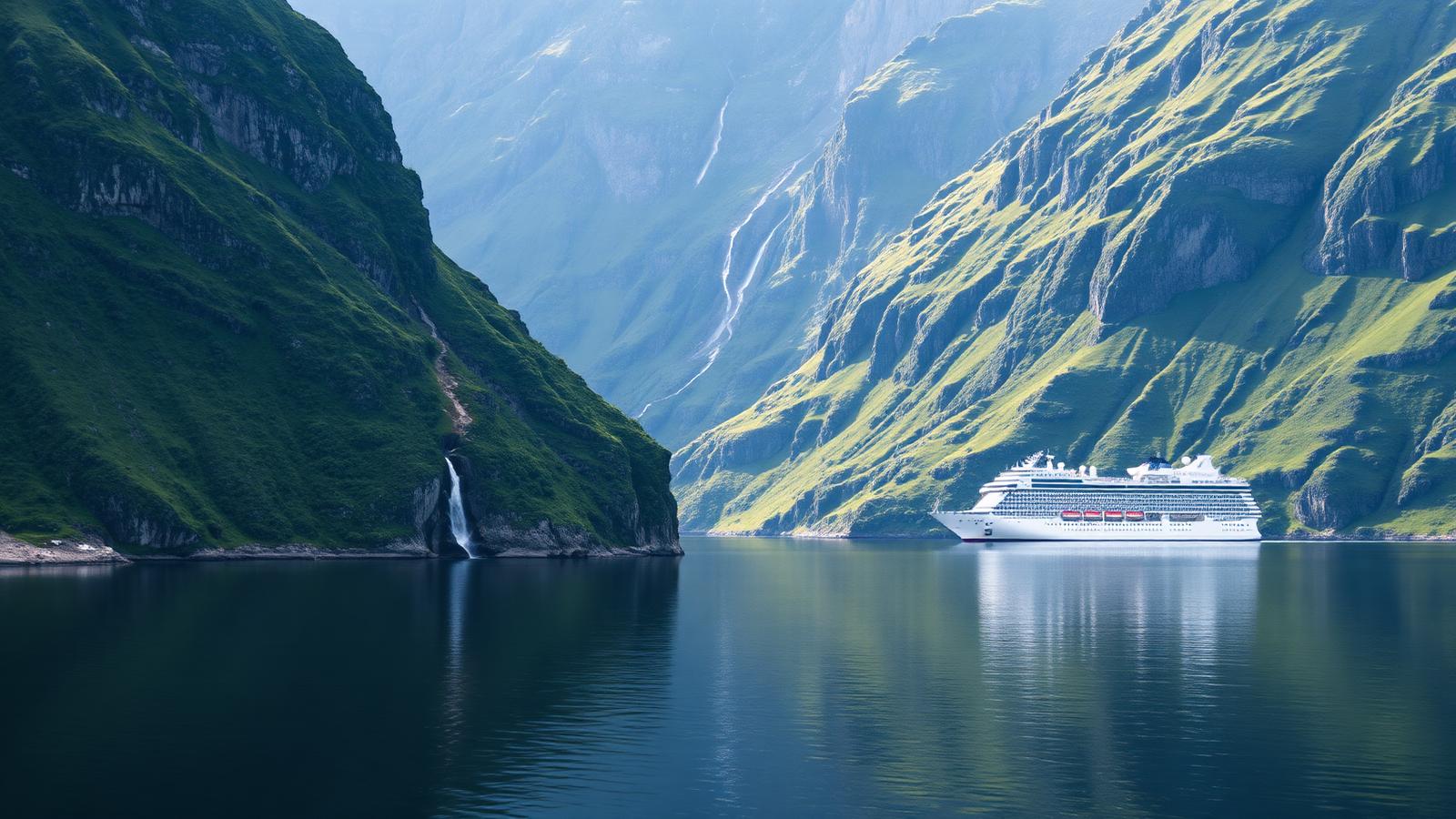 Illustrative image of a deep Norwegian fjord with steep green mountainsides and calm water