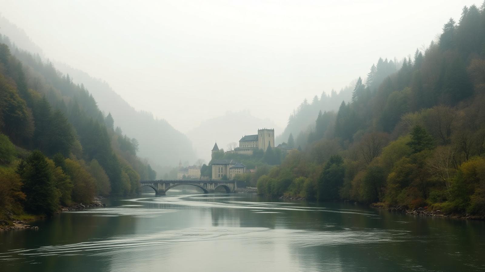 Illustrative AI-generated scene of a broad river between steep wooded hillsides with a castle silhouette in soft haze