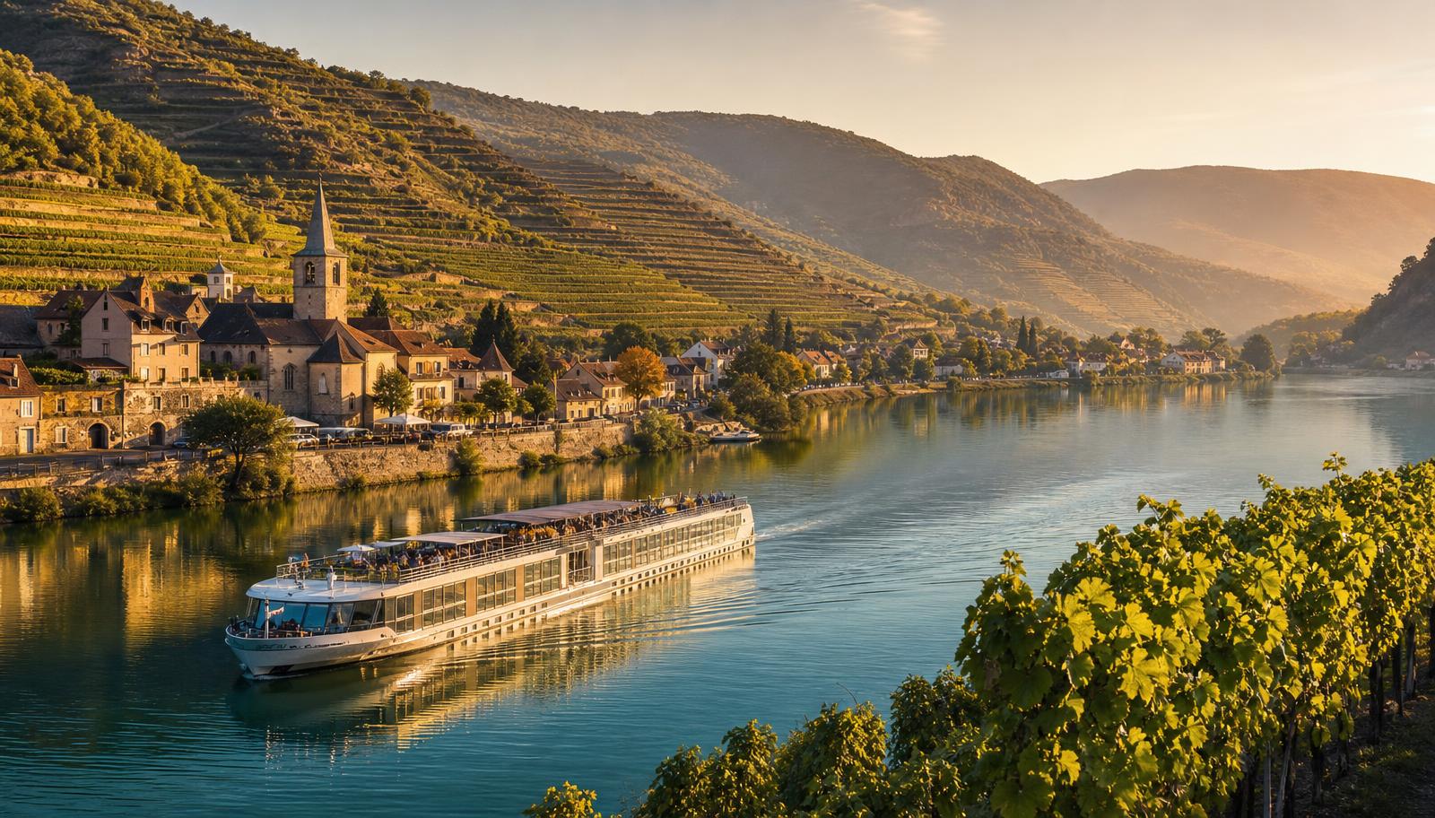 A river winding past a European town, an illustrative scene