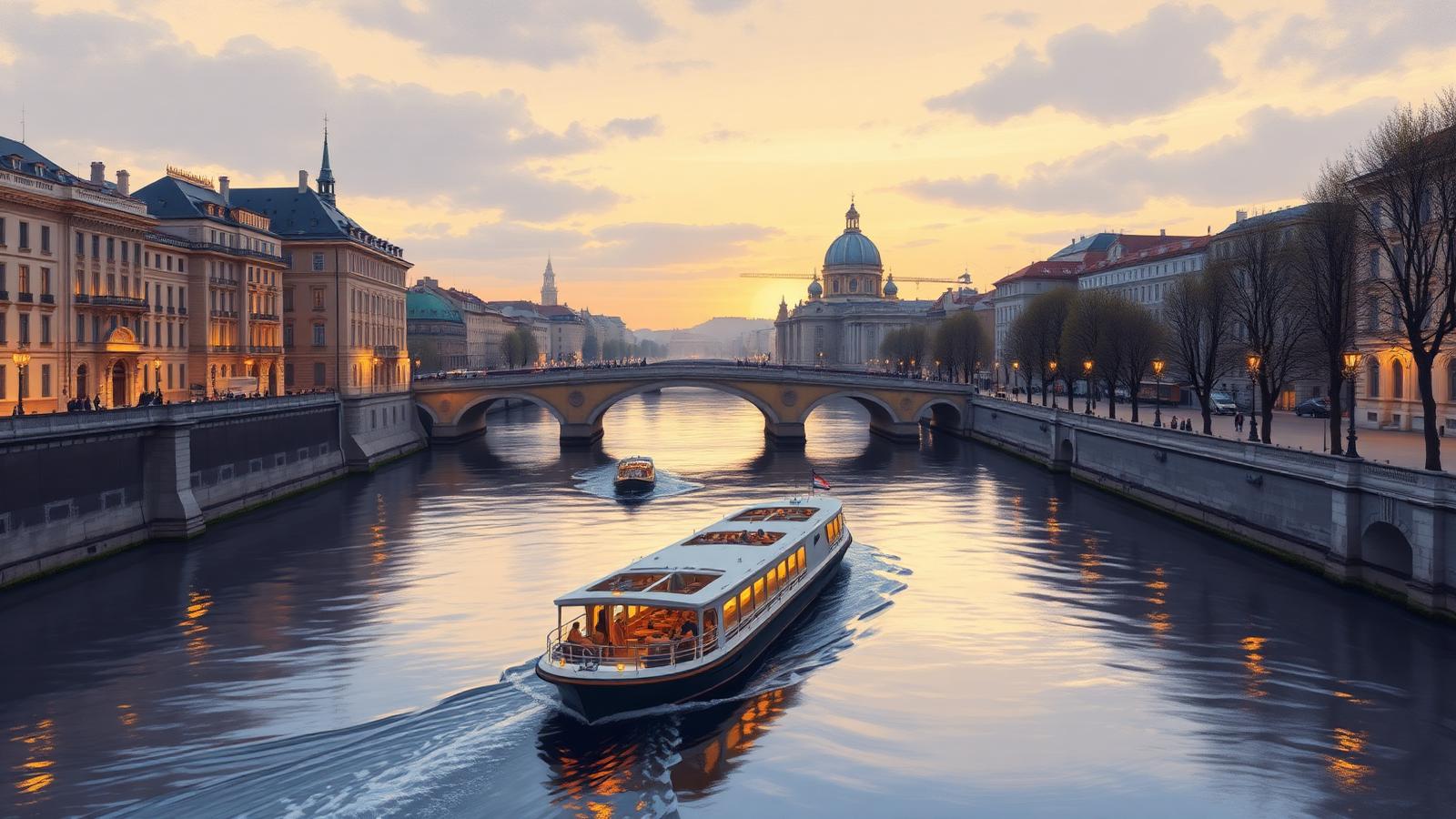 Illustrative AI-generated scene of a narrow river vessel on a European city river beneath stone bridges at dusk