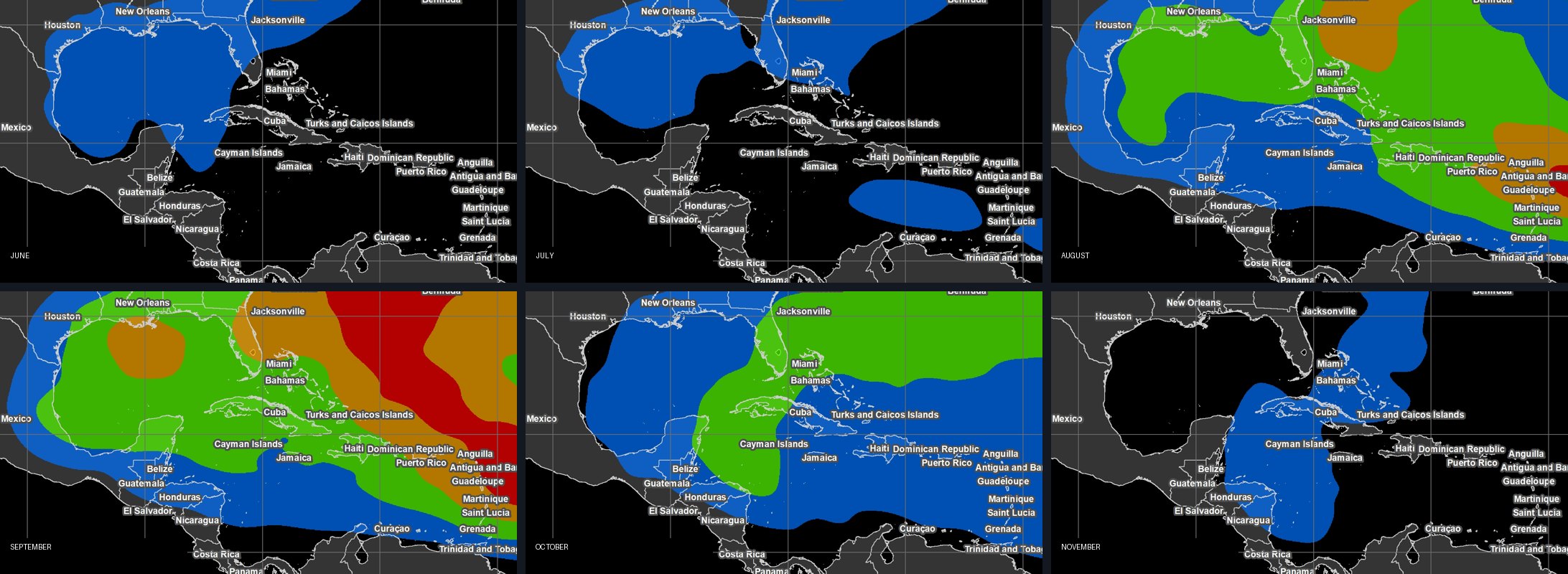 Six NOAA maps of the Caribbean, June to November, shading how many named storms passed within 150 nautical miles per 100 years; the shading is strongest over the eastern Caribbean and Bahamas in August and September and shifts to the western Caribbean in October