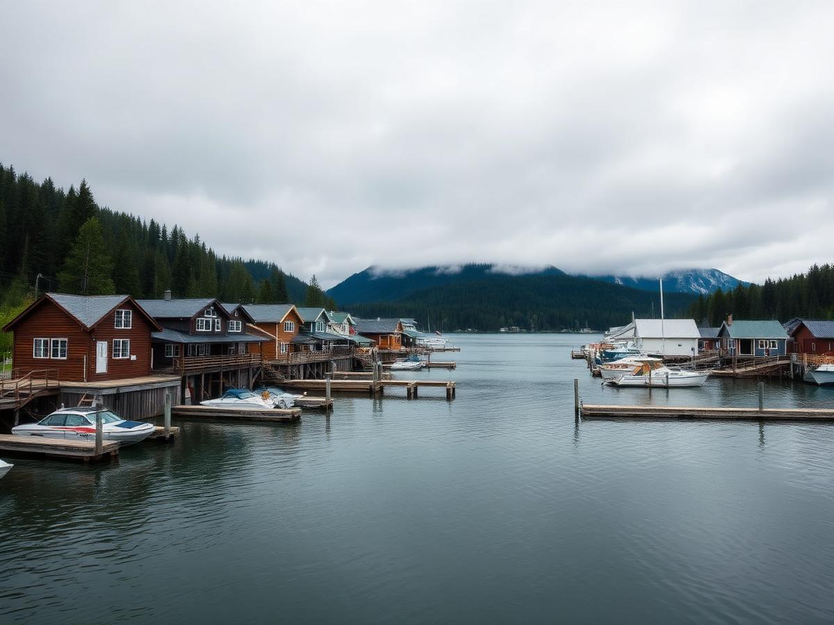 Small coastal community in Southeast Alaska with wooden waterfront buildings and floating docks below forested mountains