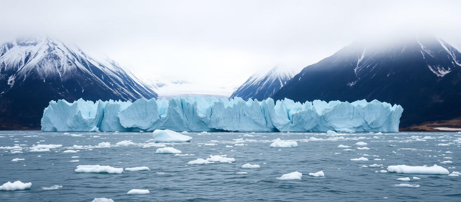 Tidewater glacier meeting cold sea water, with floating brash ice and snow-streaked mountains behind