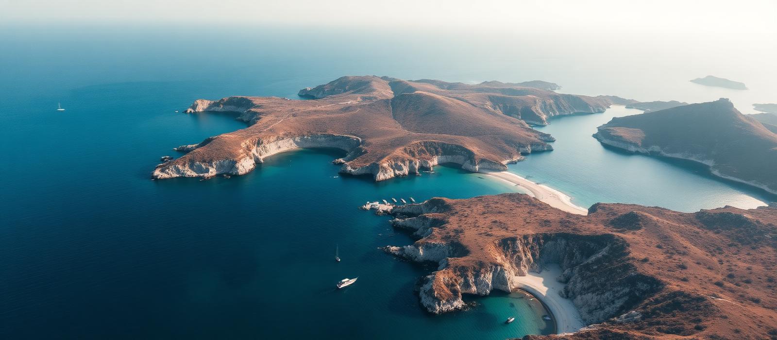Aerial view of an indented coastline with bays and offshore islands