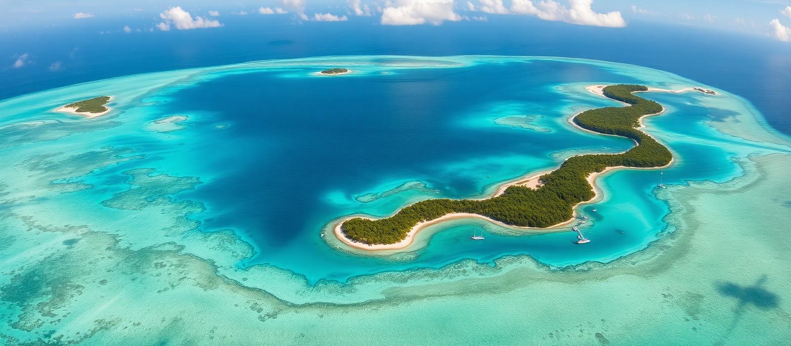Aerial view of a low green Caribbean island chain surrounded by shallow reef water shading into deep ocean
