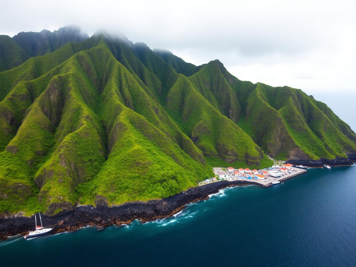 Steep volcanic Caribbean coastline with rainforest-covered peaks rising directly behind a small harbour town