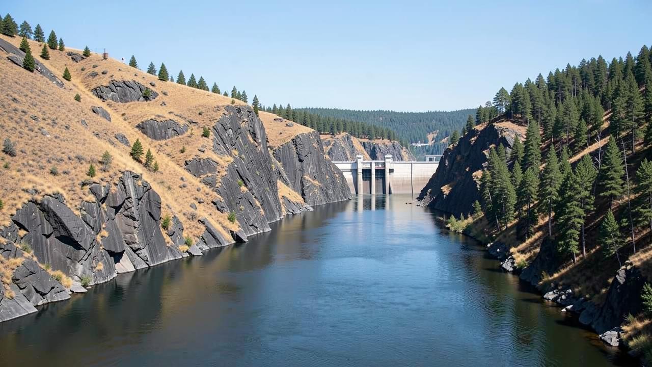 A broad river gorge with basalt cliffs, dry grassland on one side, pine forest on the other and a dam in the distance