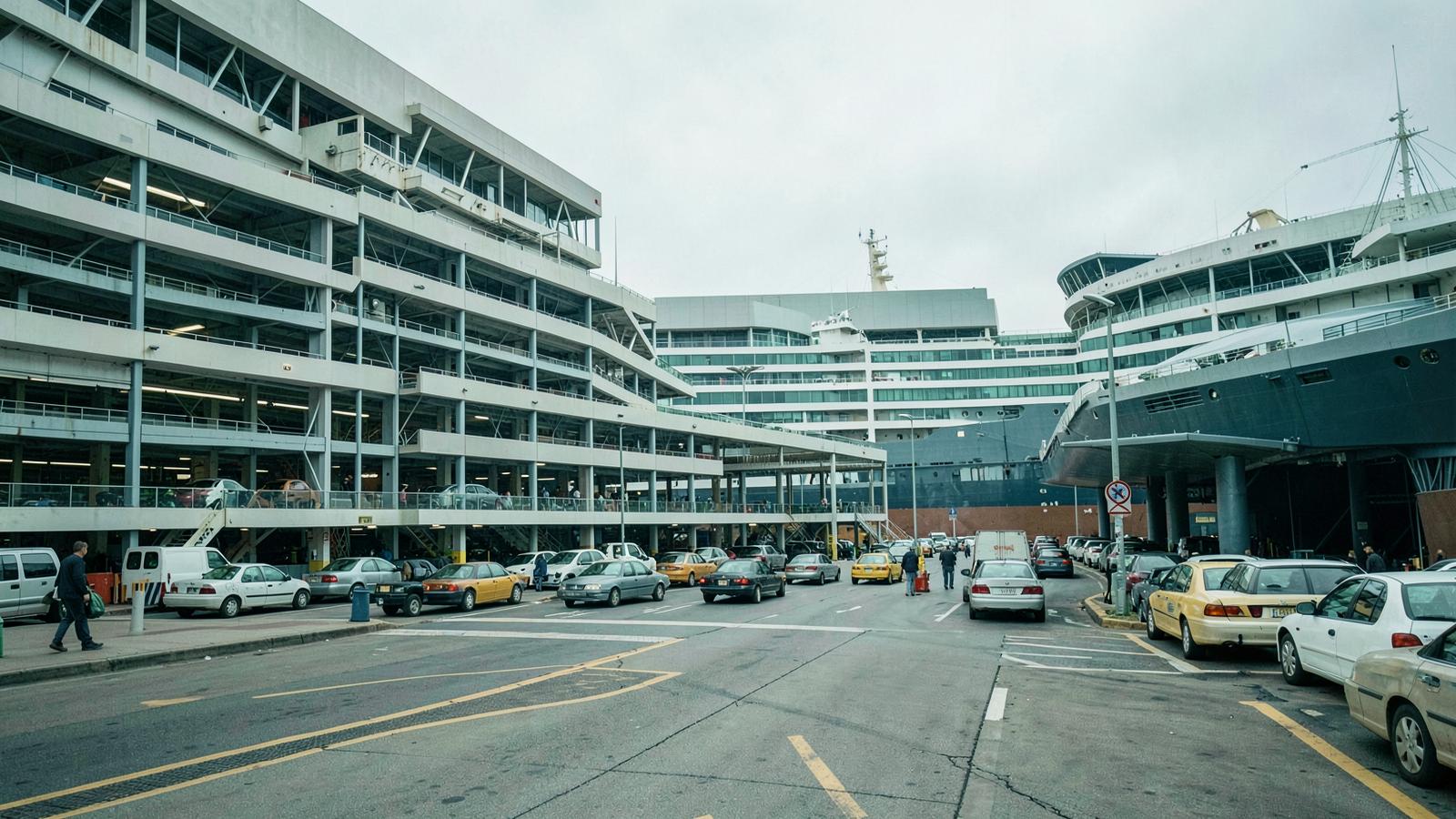 A cruise terminal approach with a multi-storey car park, taxis and a ship's hull behind