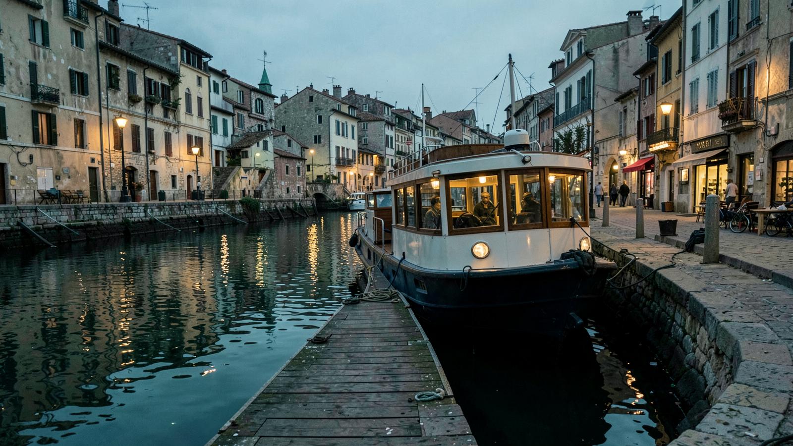 A small river vessel moored on a stone quay in a European town at dusk