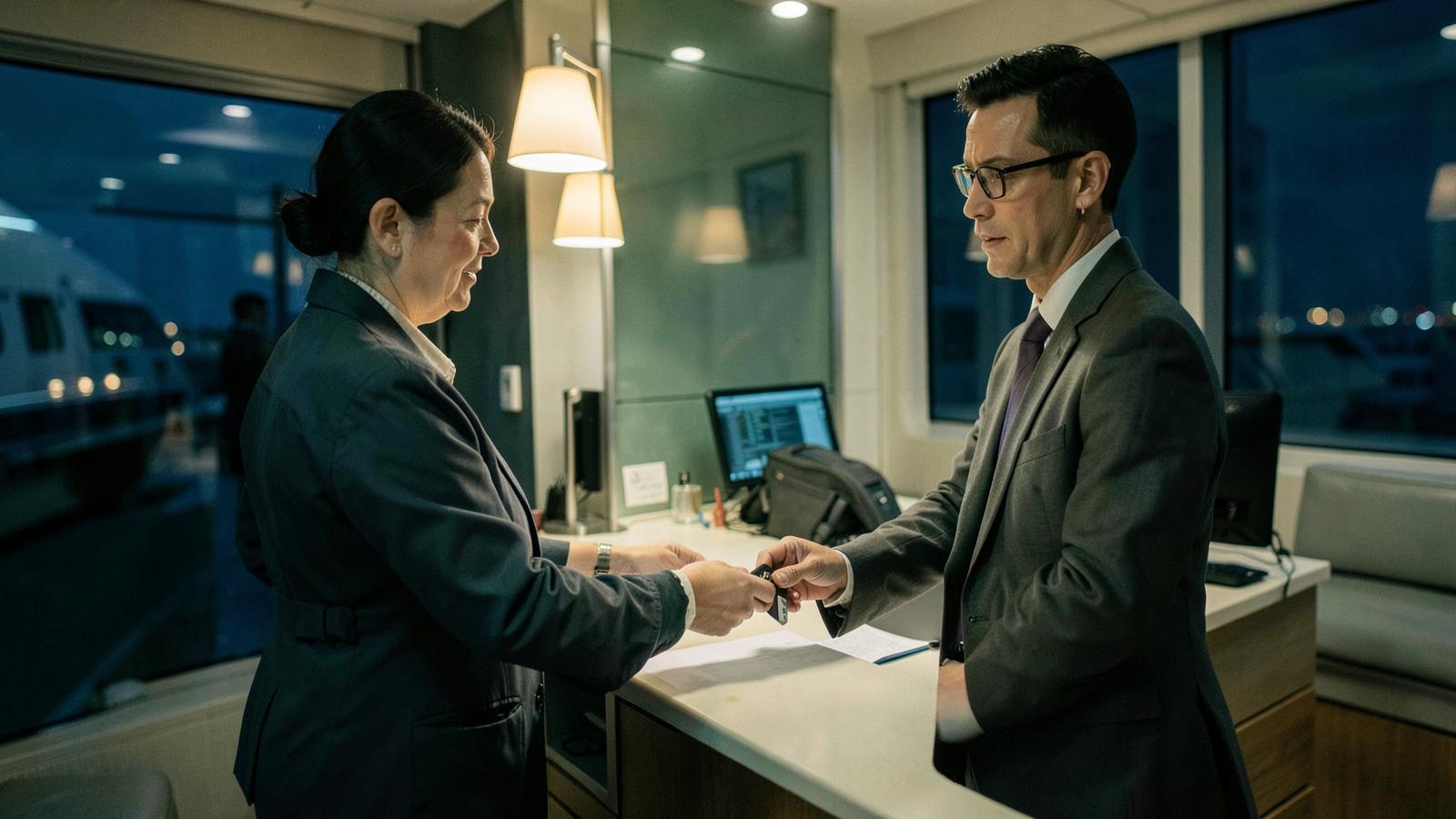 A guest services desk aboard a ship in the evening, a keycard being handed across the counter