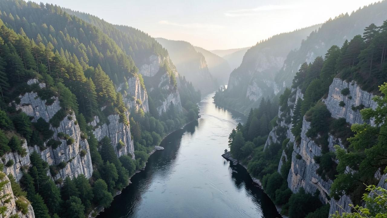 A wide river confined between steep forested limestone cliffs in a deep gorge