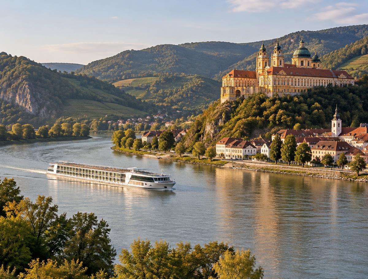The Danube in the Wachau, with a baroque abbey above a riverside town and a river cruise ship