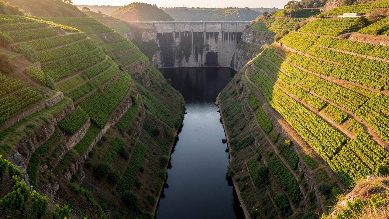 A deep valley with steep terraced vineyard slopes rising from still dark water held behind a dam