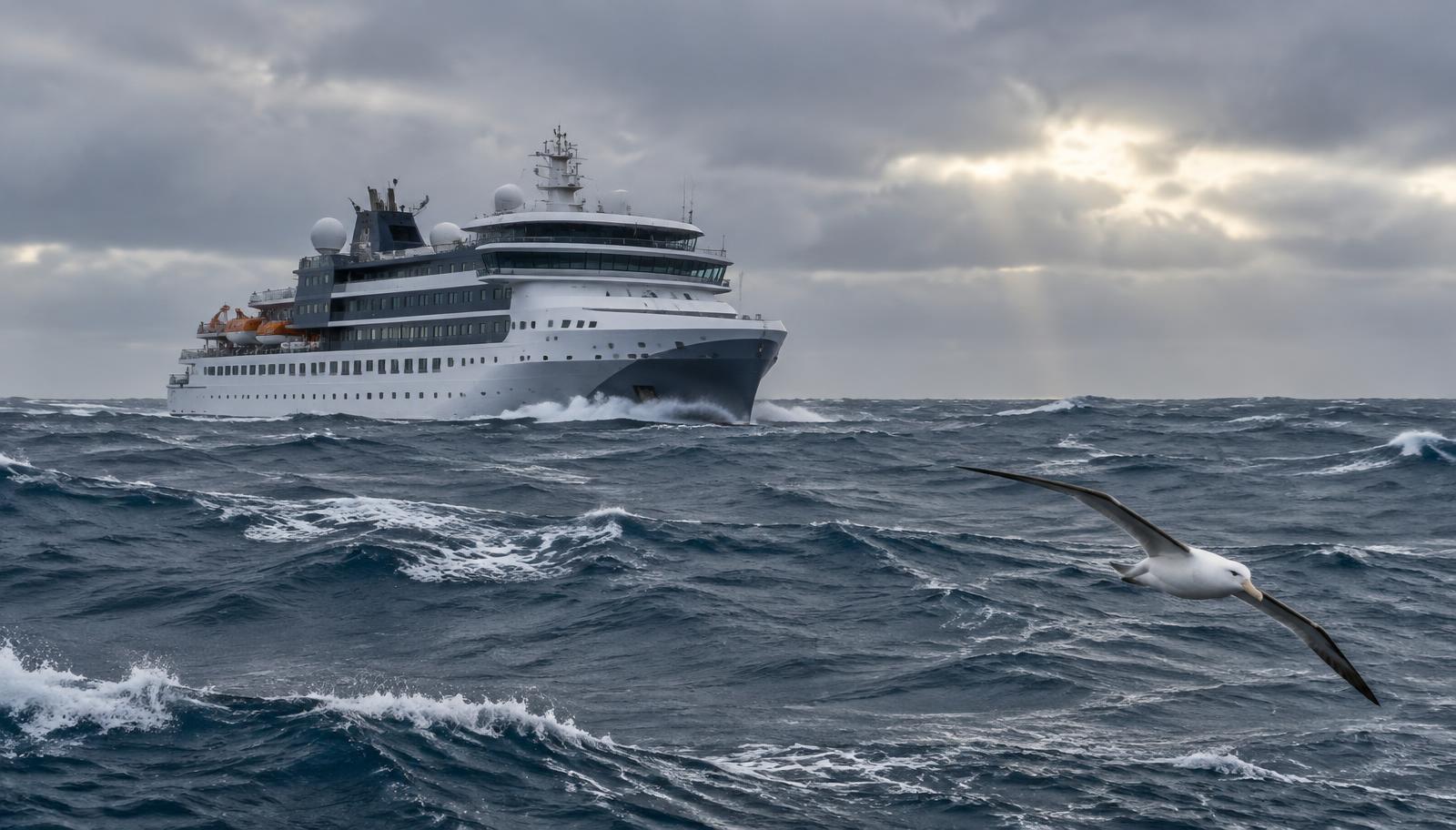 A small vessel pushing through heavy grey swell with an albatross overhead