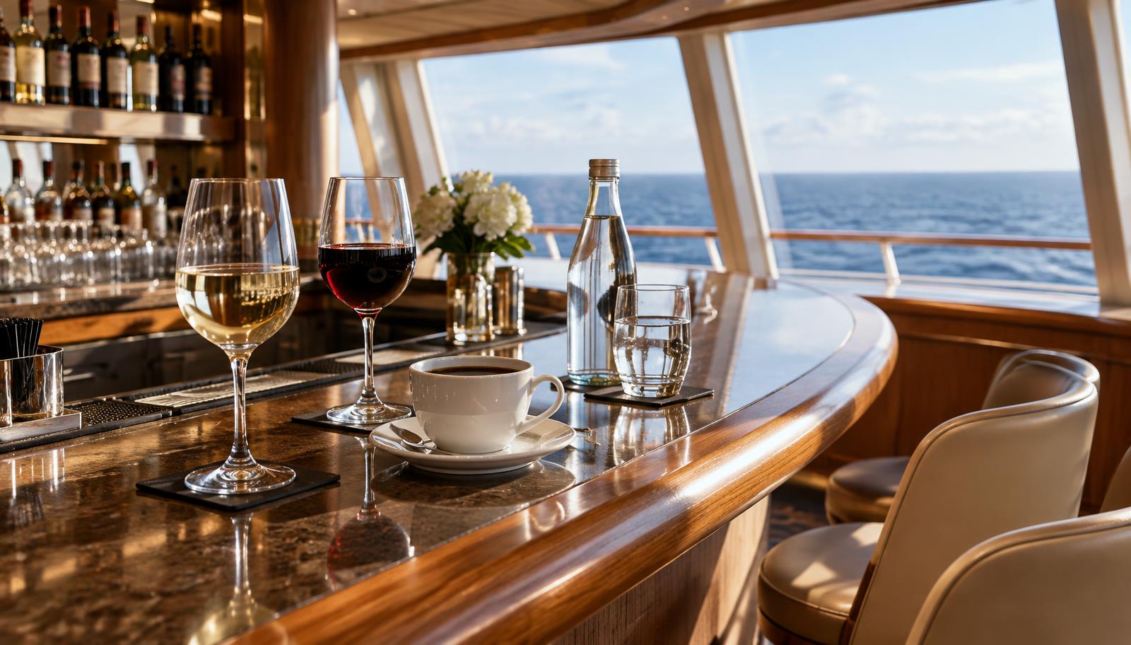 Wine, coffee and water on a ship's bar counter with the sea through the windows
