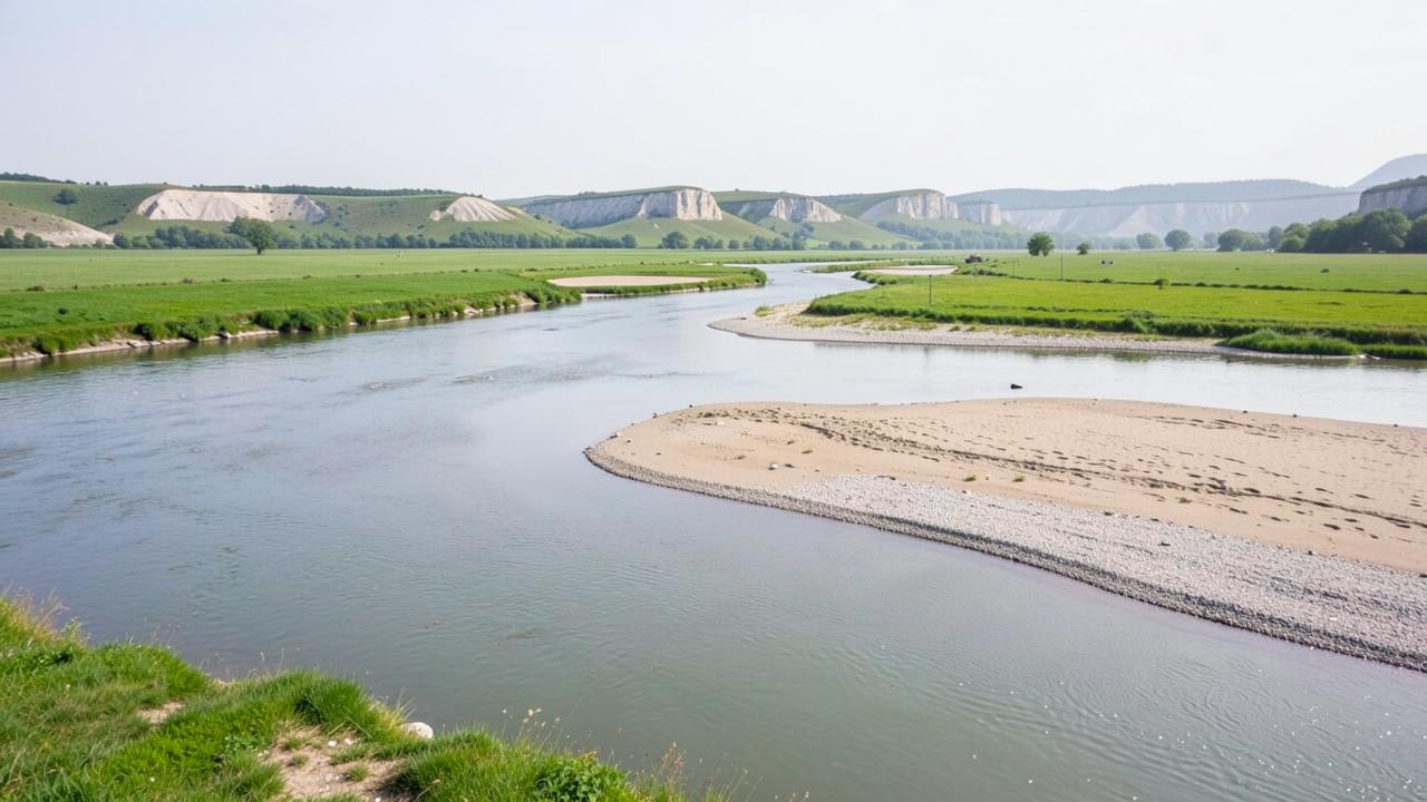 A wide shallow river at low water with exposed sandbanks and flat green banks