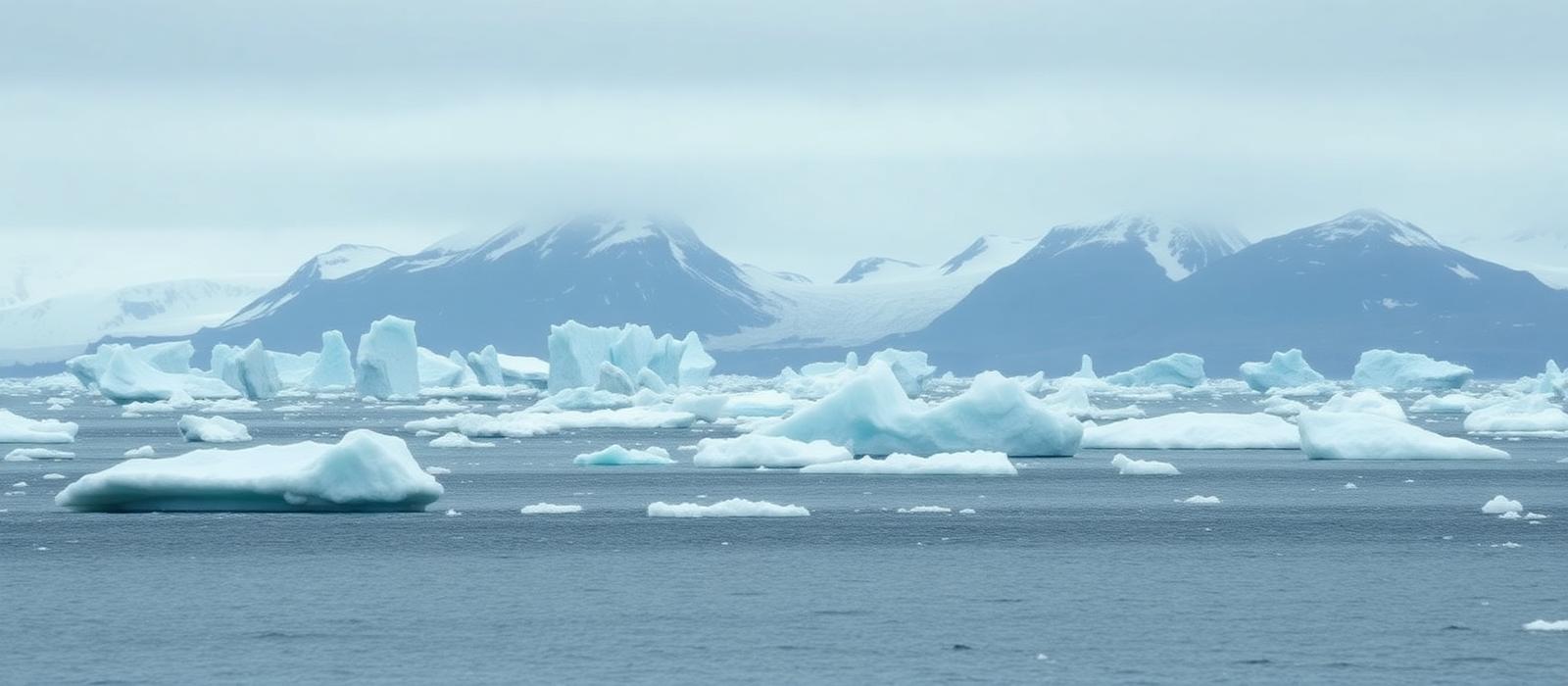 Icebergs and drifting sea ice in cold grey water with glaciated mountains behind under flat overcast light