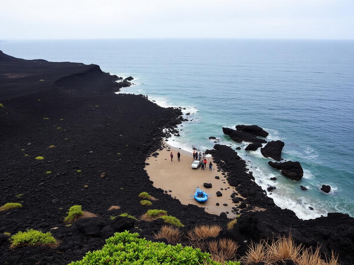 Remote volcanic coastline with a small landing beach between dark lava rock and open ocean