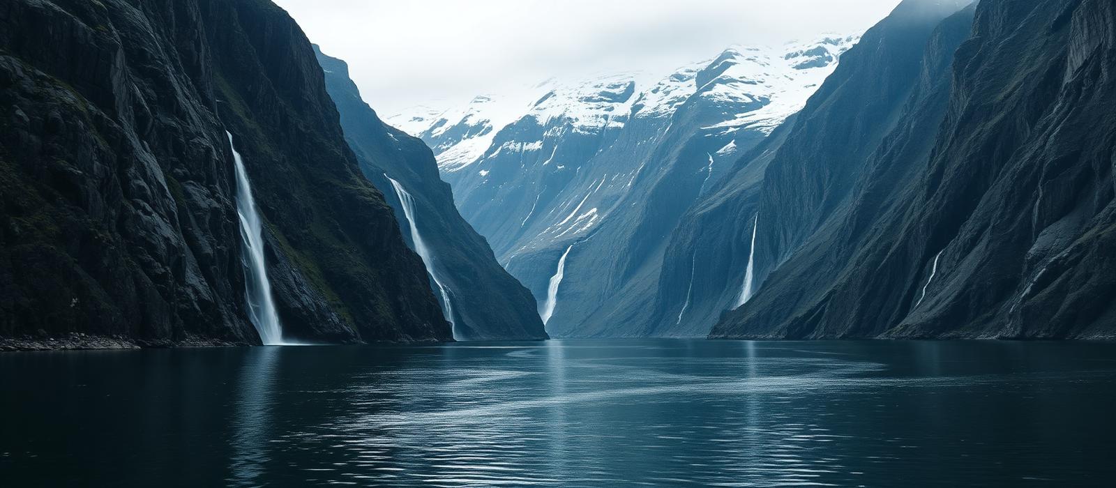 Narrow fjord between very steep rock walls with waterfalls and snow on the plateau above