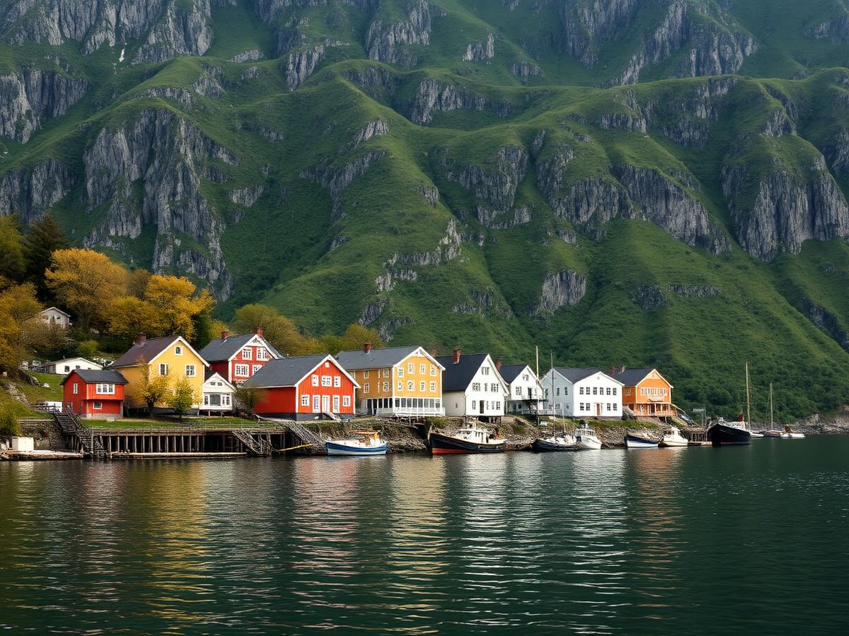 Small fjord-side village of wooden houses along a quay beneath a steep green mountainside