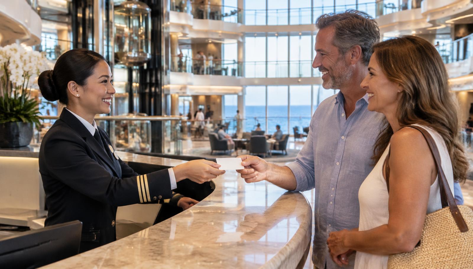 A crew member at a ship's guest services desk handing a cabin card to two guests, with the atrium and sea behind.