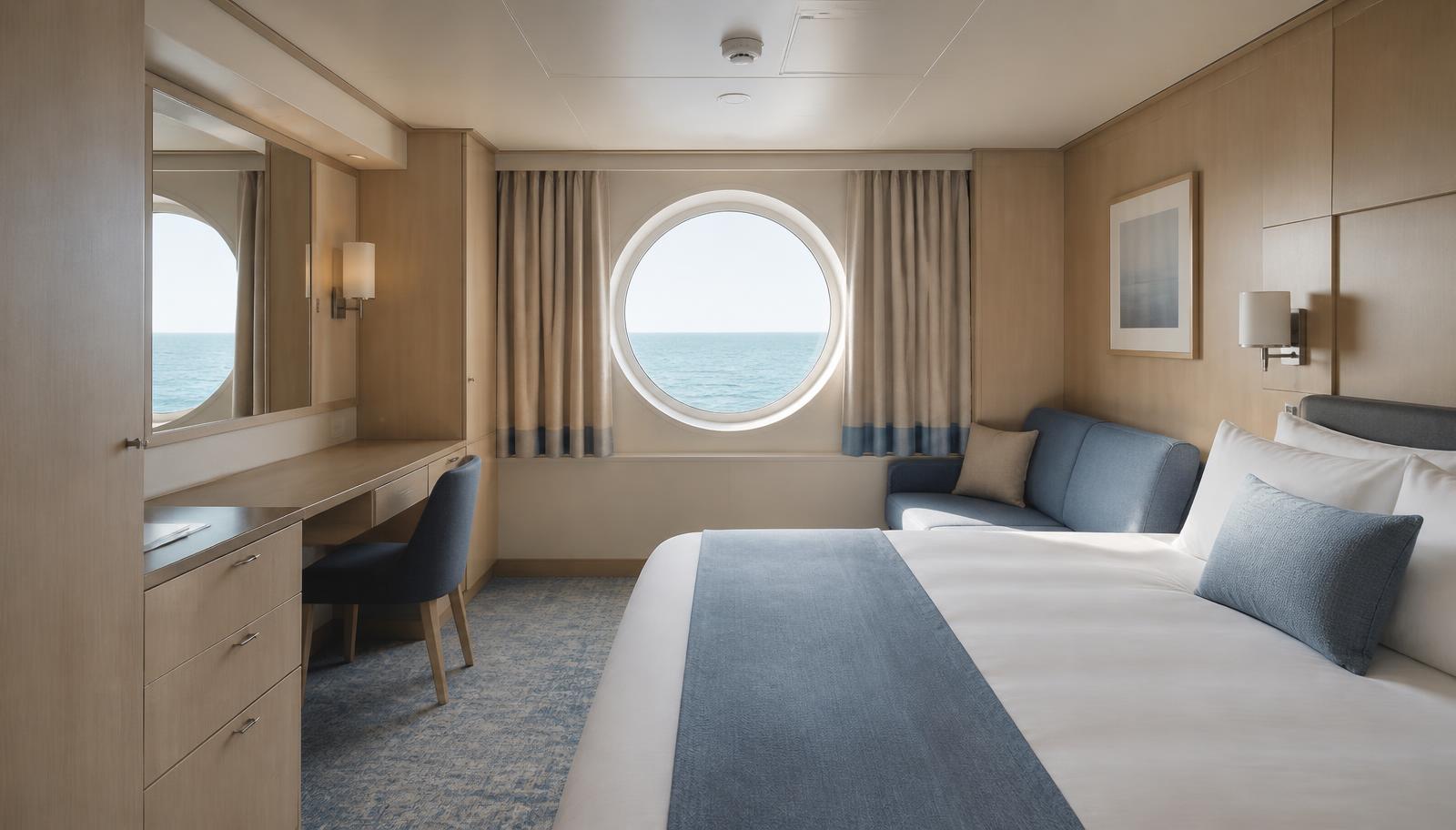 A plain ship cabin in daylight with a made bed, a small desk and a round window