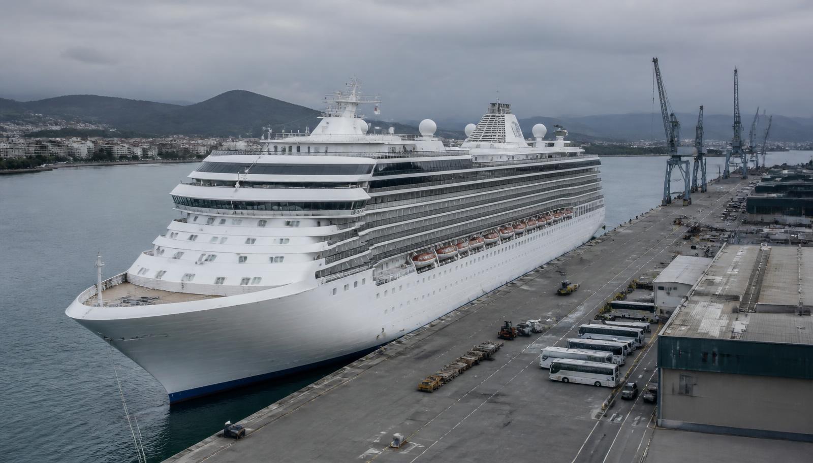 A large cruise ship alongside a broad industrial quay with cranes and coaches for scale