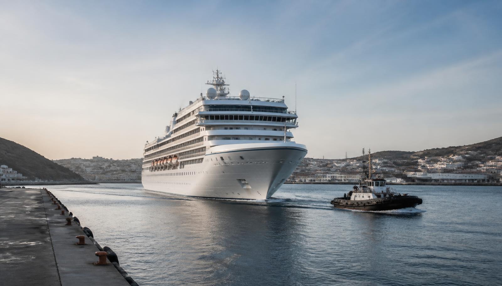 A cruise ship arriving at a coastal port in early morning light, assisted by a tug