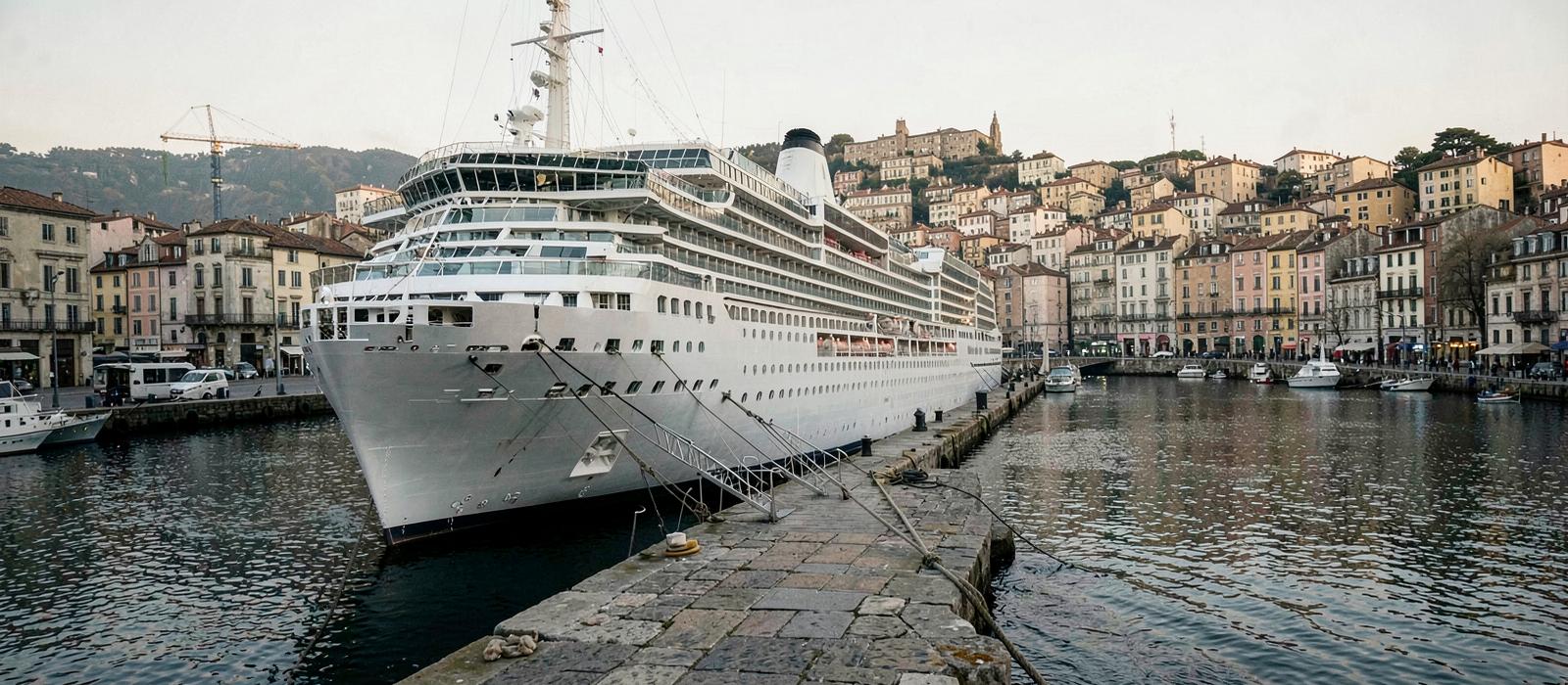 A cruise ship secured alongside a stone quay in a compact harbour town, with the town rising directly behind the berth