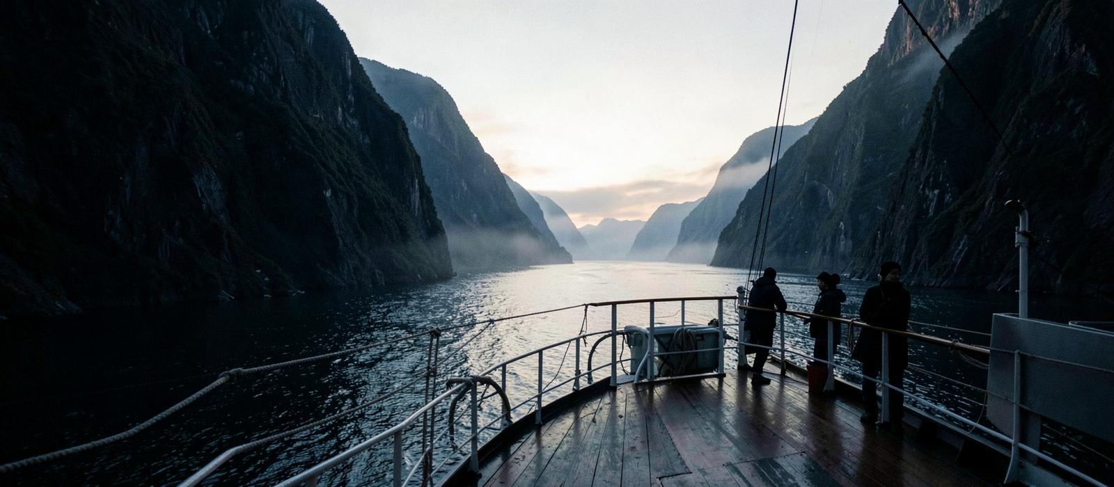 A ship moving slowly through a narrow scenic waterway, the kind of passage an itinerary lists as scenic cruising rather than a port call.