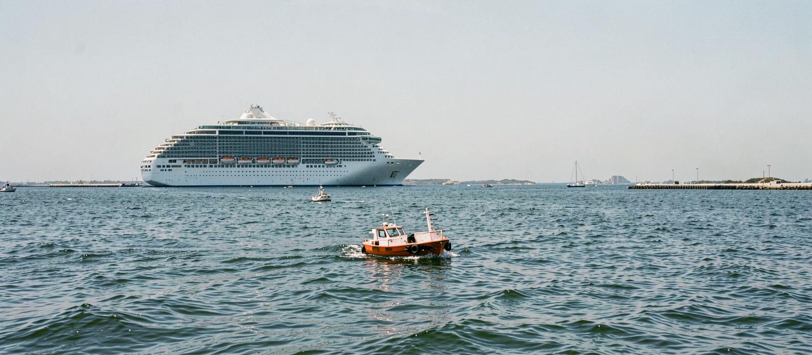 Small shore boats crossing open water between a cruise ship anchored offshore and a distant quay