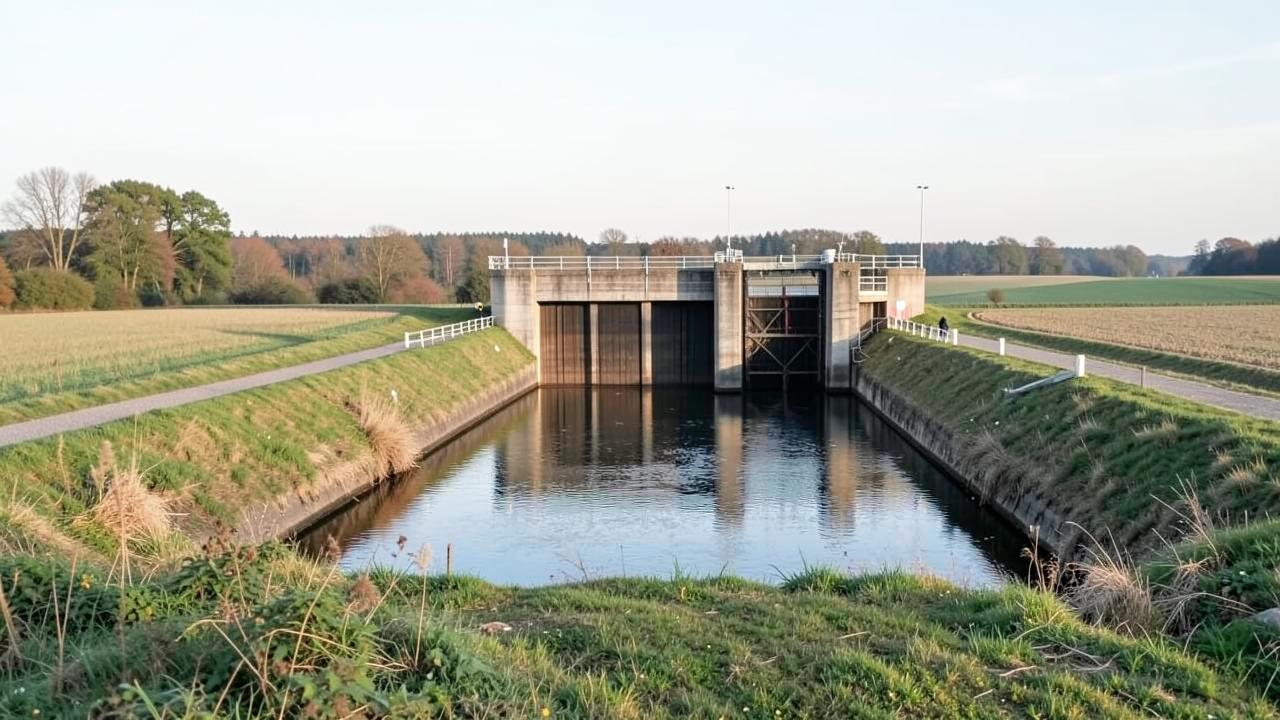 A canalised waterway crossing farmland towards a large concrete lock chamber