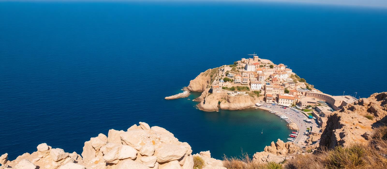 Rocky Mediterranean coastline with a hillside town of pale stone houses above a small natural harbour