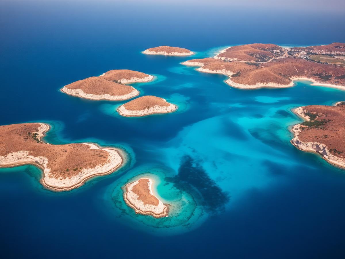 Aerial view of a Mediterranean island group with dry limestone islands and sheltered channels of clear water