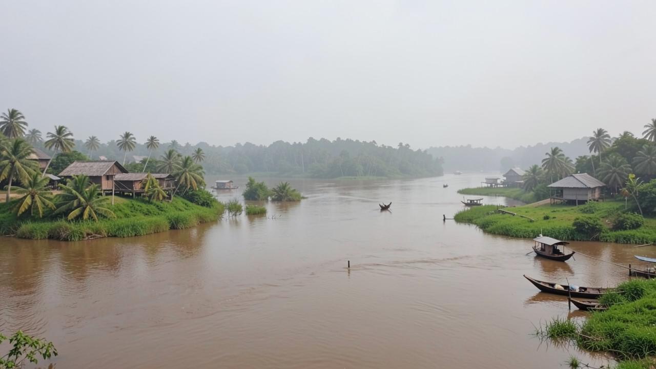 A wide brown tropical lowland river with low green banks, palms, stilt houses and small wooden boats