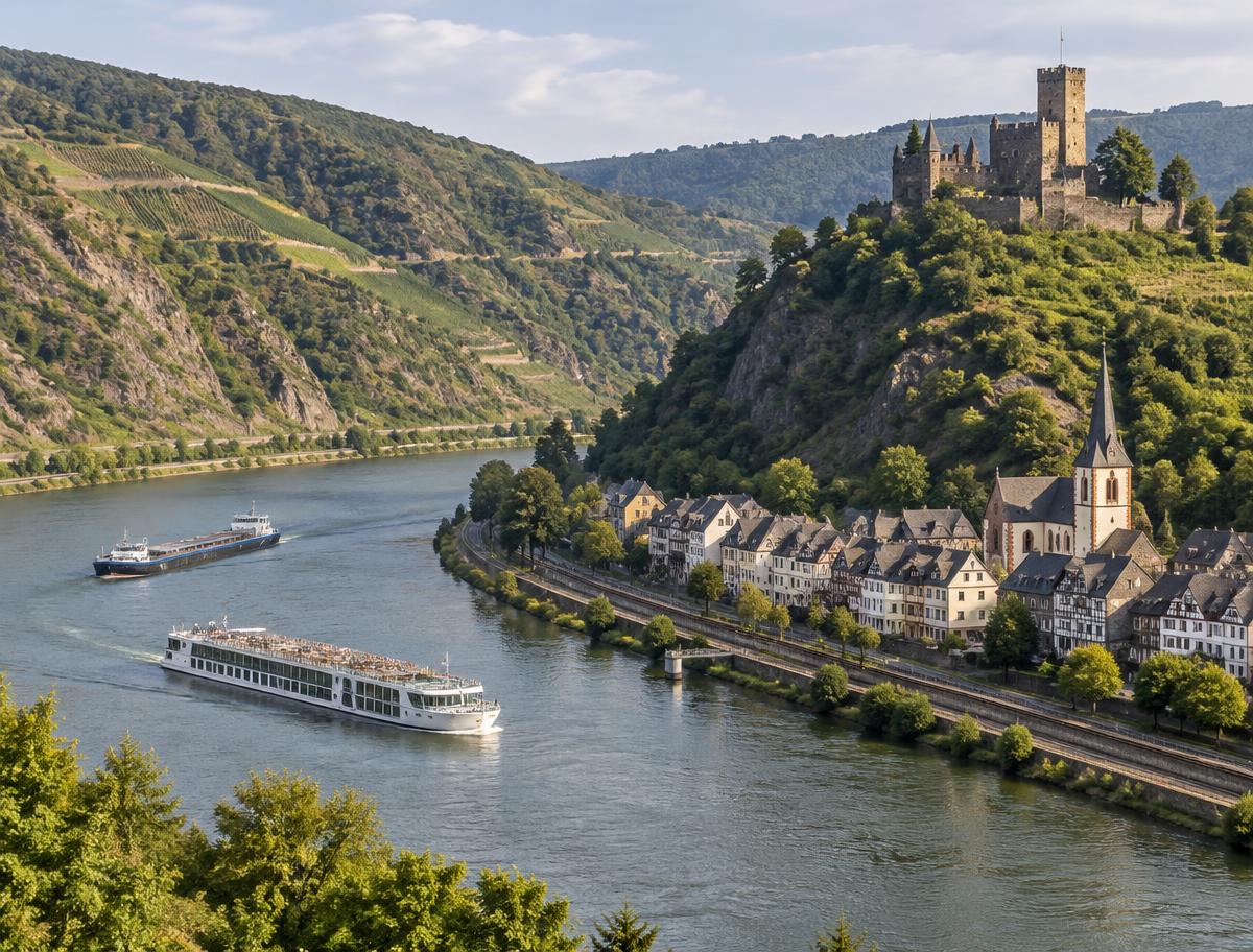 The Middle Rhine with vineyard slopes, a hilltop castle, a riverside town, a river cruise ship and a barge