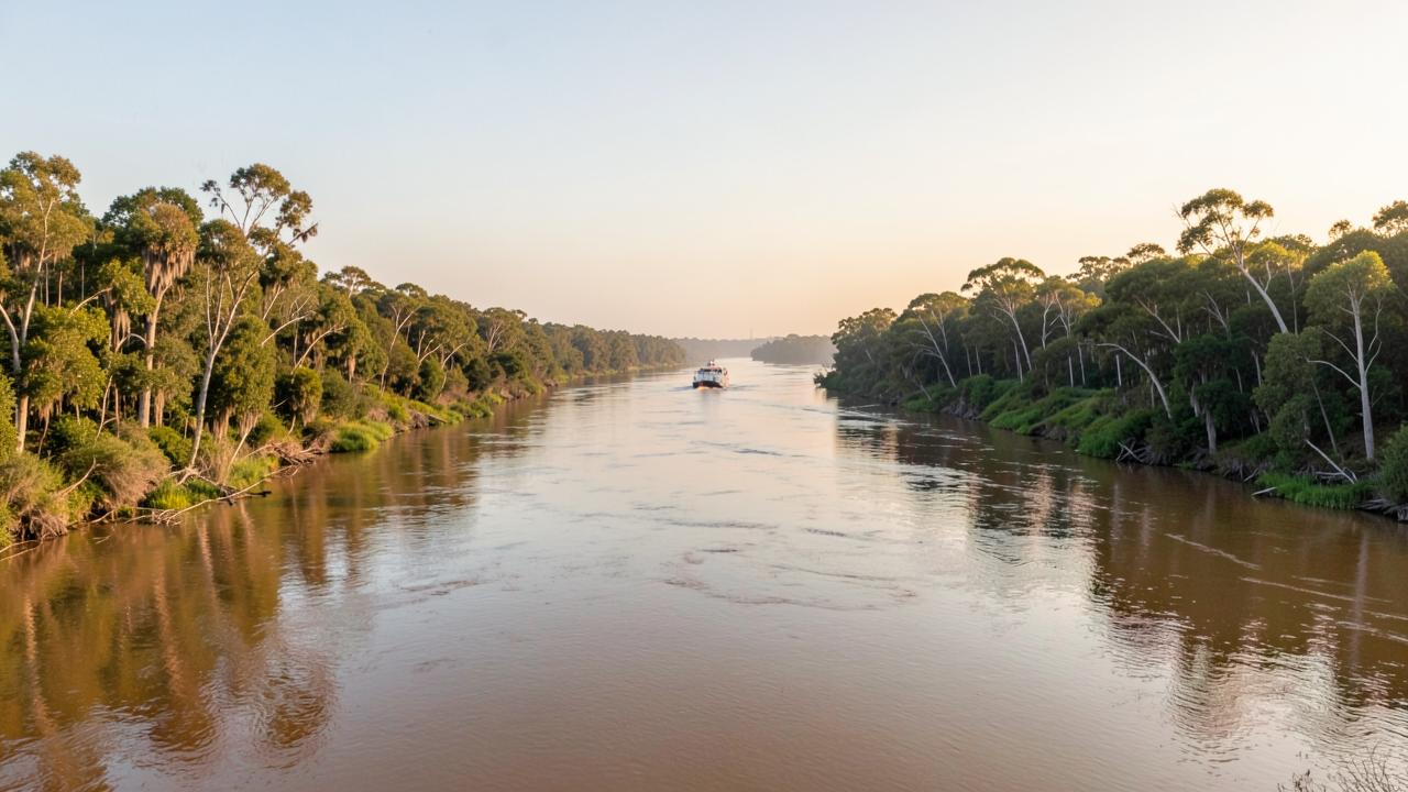 A very wide muddy river with dense forest and levee banks under a broad sky