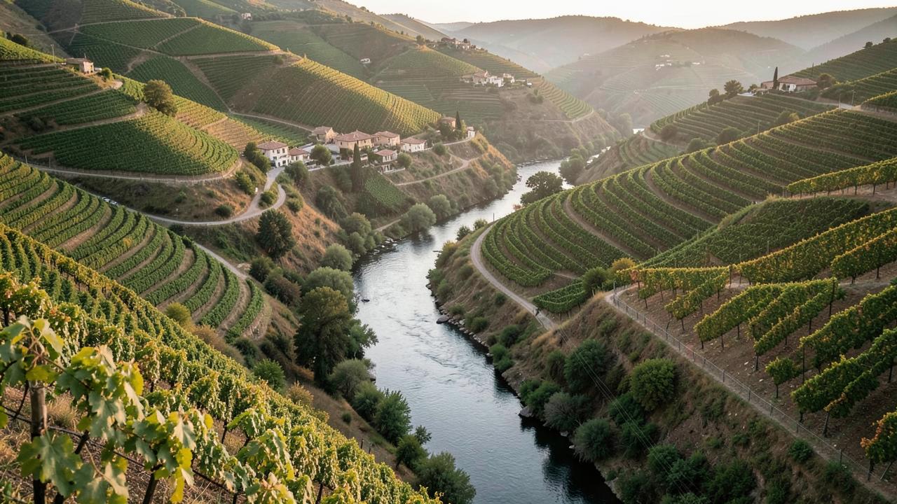 A narrow river looping tightly between steep vineyard hillsides with small villages on the bank