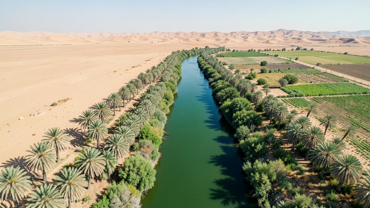 A narrow green cultivated river corridor with palms and fields, bordered immediately by dry desert