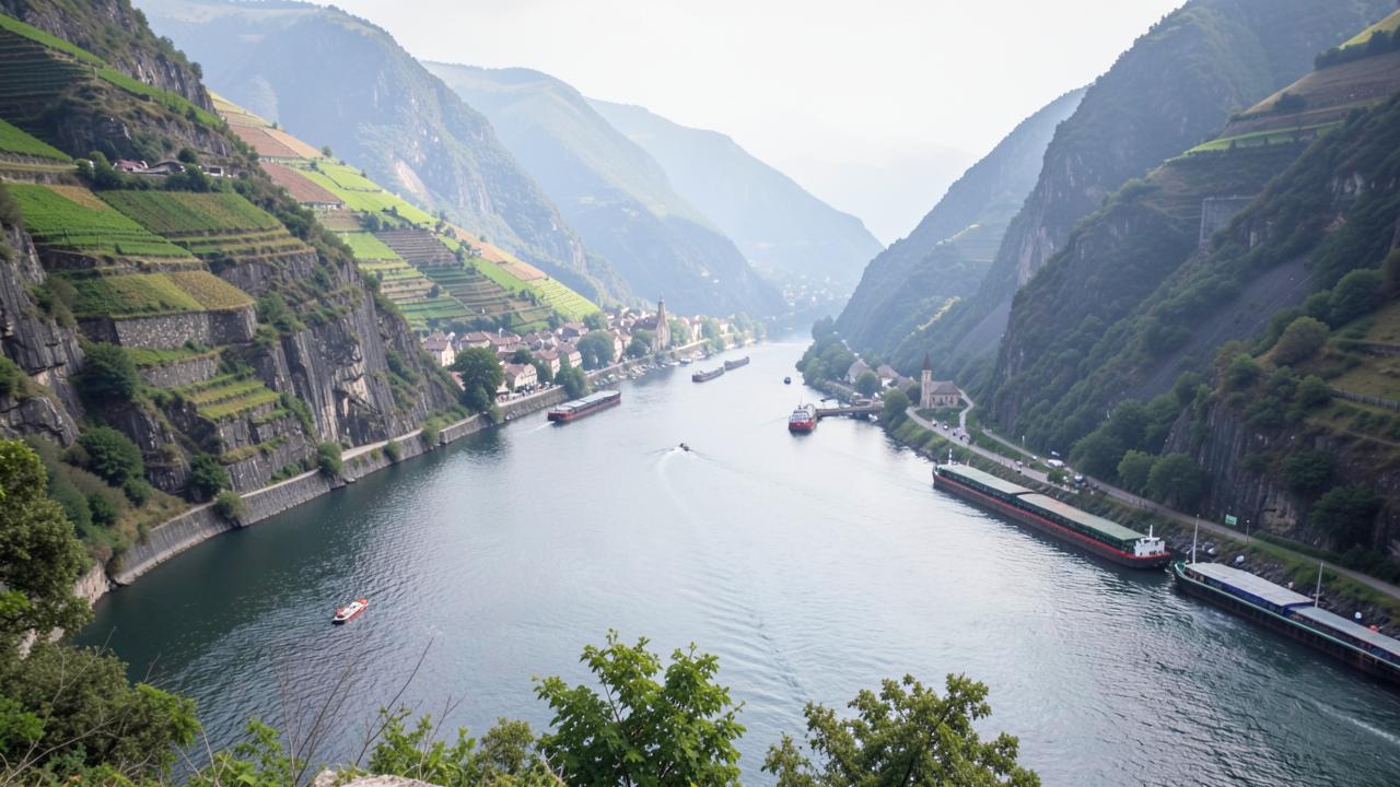 A busy river winding through a narrow valley with vineyard terraces, a small riverside town and cargo barges
