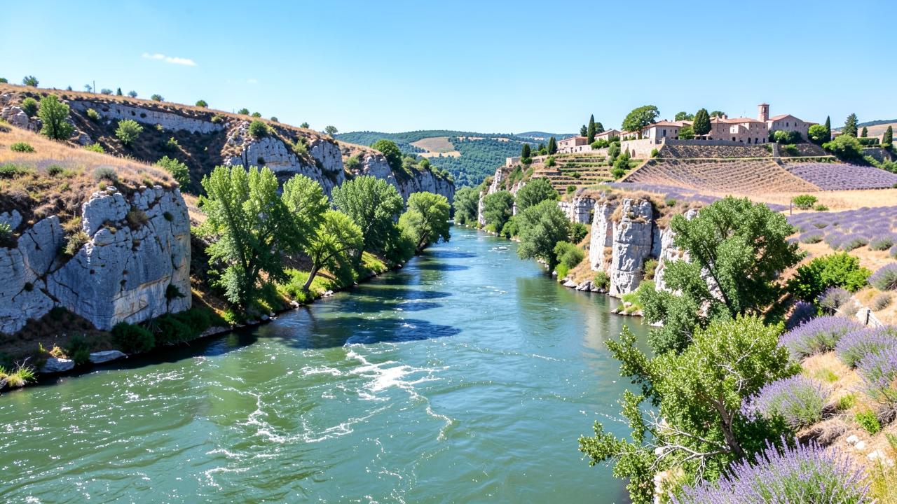 A fast river in southern France between limestone hills with plane trees and a hilltop stone village