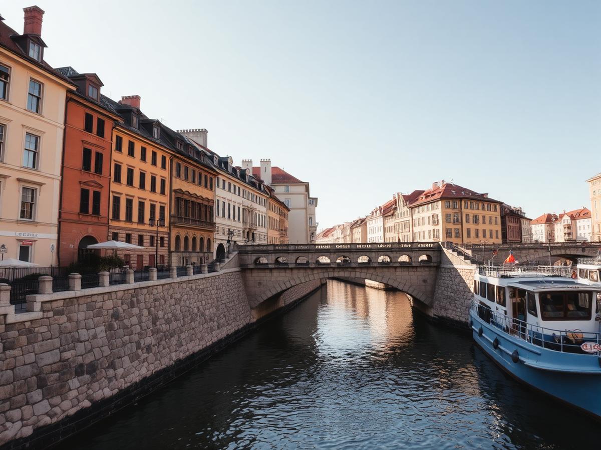 Stone embankment and low bridge along a narrow European river with historic buildings directly on the waterfront