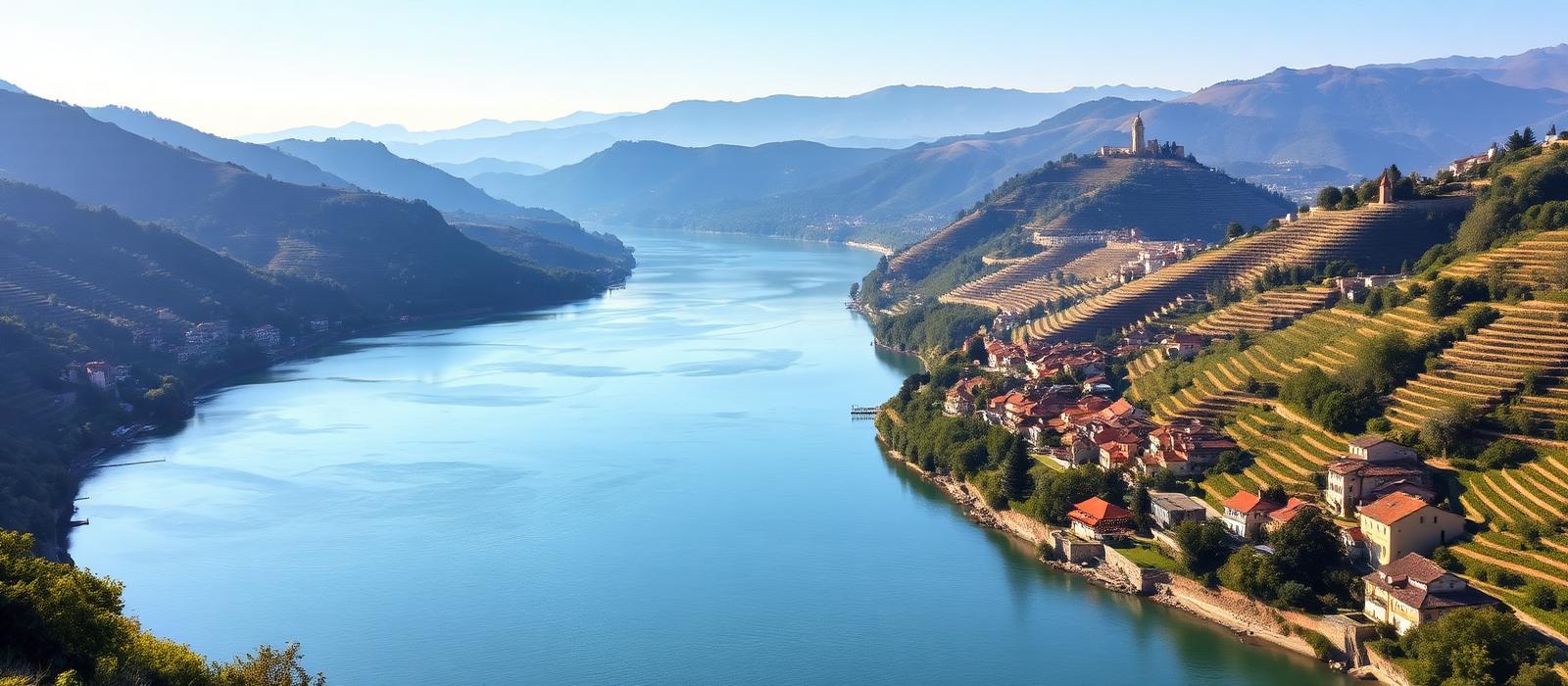 Broad river curving through a valley of terraced slopes with small settlements along both banks