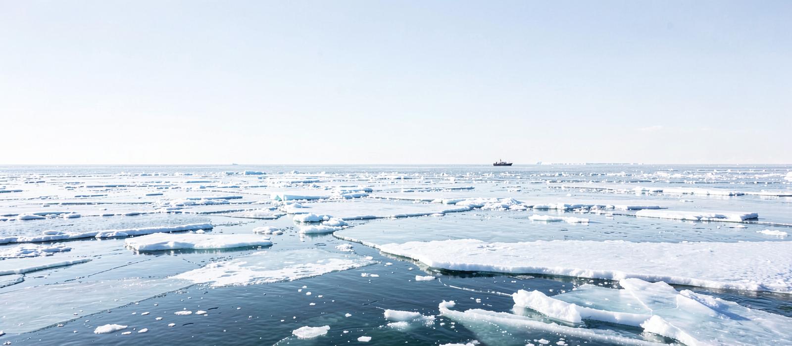 Coastal water at the edge of drifting sea ice under low light, the seasonal limit that opens and closes polar cruising.