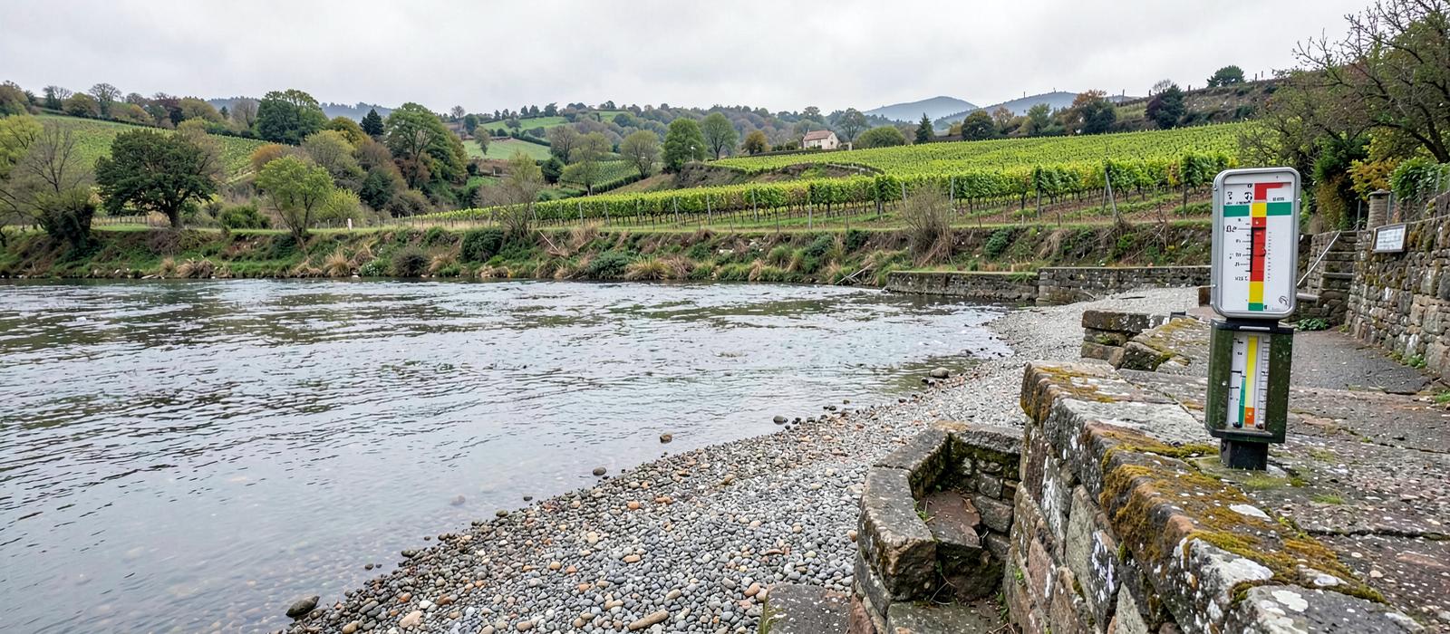 A European river running low, with exposed gravel banks and a water-level gauge on a stone quay below vineyard slopes