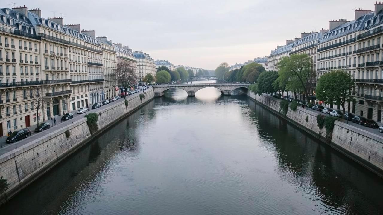 A calm river through a large city with stone quays, low arched bridges and dense apartment facades